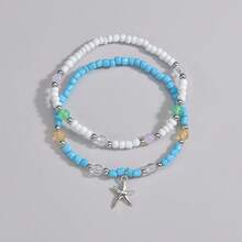 2pcs Bohemian Ocean Style Resin Beaded Alloy Starfish Pendant Anklet, Daily Wear - Multicolor - View 3