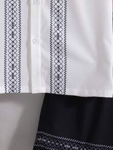 2 Stücke/Set Jungen Lässig Ausgehmode Bedrucktes Dekor Knopfdesign Stehkragen Kurzarm Top und Elastischer Bund Shorts mit Fake Kordel, Frühling/Sommer - Weiss - Übersicht 7
