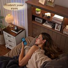 EnHomee Farmhouse Bed Frame With LED Lights And Charging Station Metal Platform Bed With 4 Drawers & Bookcase Headboard No Noise - Xem 4