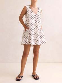 Women's U Neck Ruched Sleeveless Polka Dot Babydoll Tank Mini Dress Cocktail Party Flowy Summer Short Dress - White - View 3