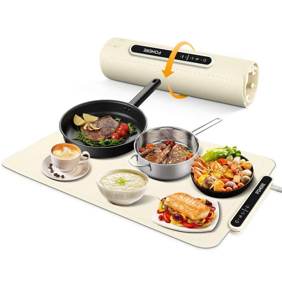 FOHERE Food Warming Mat, Fast Heating Electric Warming Tray With 3 Level Temperature, Roll-Up Food-Contact Silicone Heating Pad, 3H Auto Shut-Off, Portable Food Warmer For Parties Buffet Home, White - US A Type Plug(110-127V) - View 1