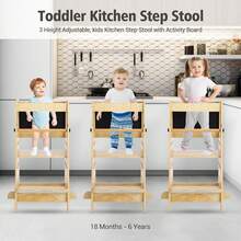 Banquito Escalera Infantil de Bambú Ajustable en 3 Alturas con Barandilla de Seguri-dad | Plataforma de Aprendizaje Antideslizante para Cocina, Baño y Área de Juego - Amarillo - Ver 6