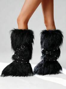 2025 New Women's Fashion Snow Knee High Boots Lace Up Round Toe Fluffy Fur Boots Punk Party Christmas Halloween Winter Comfortable Warm Outdoor Boots EdgyElongate - 黑色 - 查看 4