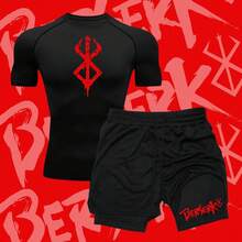 Men's 2-In-1 Compression Short And T-Shirt Kit For Gym/Fit - Exclusive Bersek Sacrifice DryFit - 黑色 - 查看 1