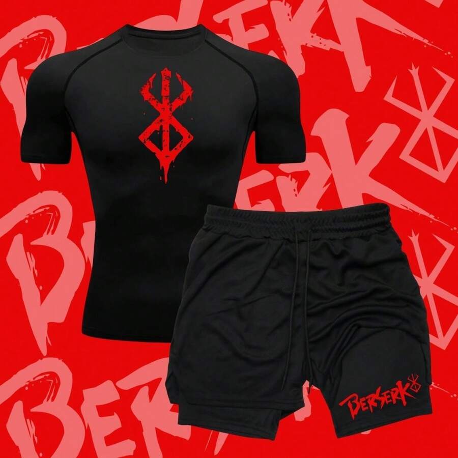 Men's 2-In-1 Compression Short And T-Shirt Kit For Gym/Fit - Exclusive Bersek Sacrifice DryFit - màu đen - Xem 1