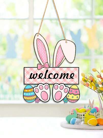 Easter Hanging Sign Cute Bunny Long Ears Welcome Letter Sign Wooden Door Hanger Plaque For Home Front Door Decoration