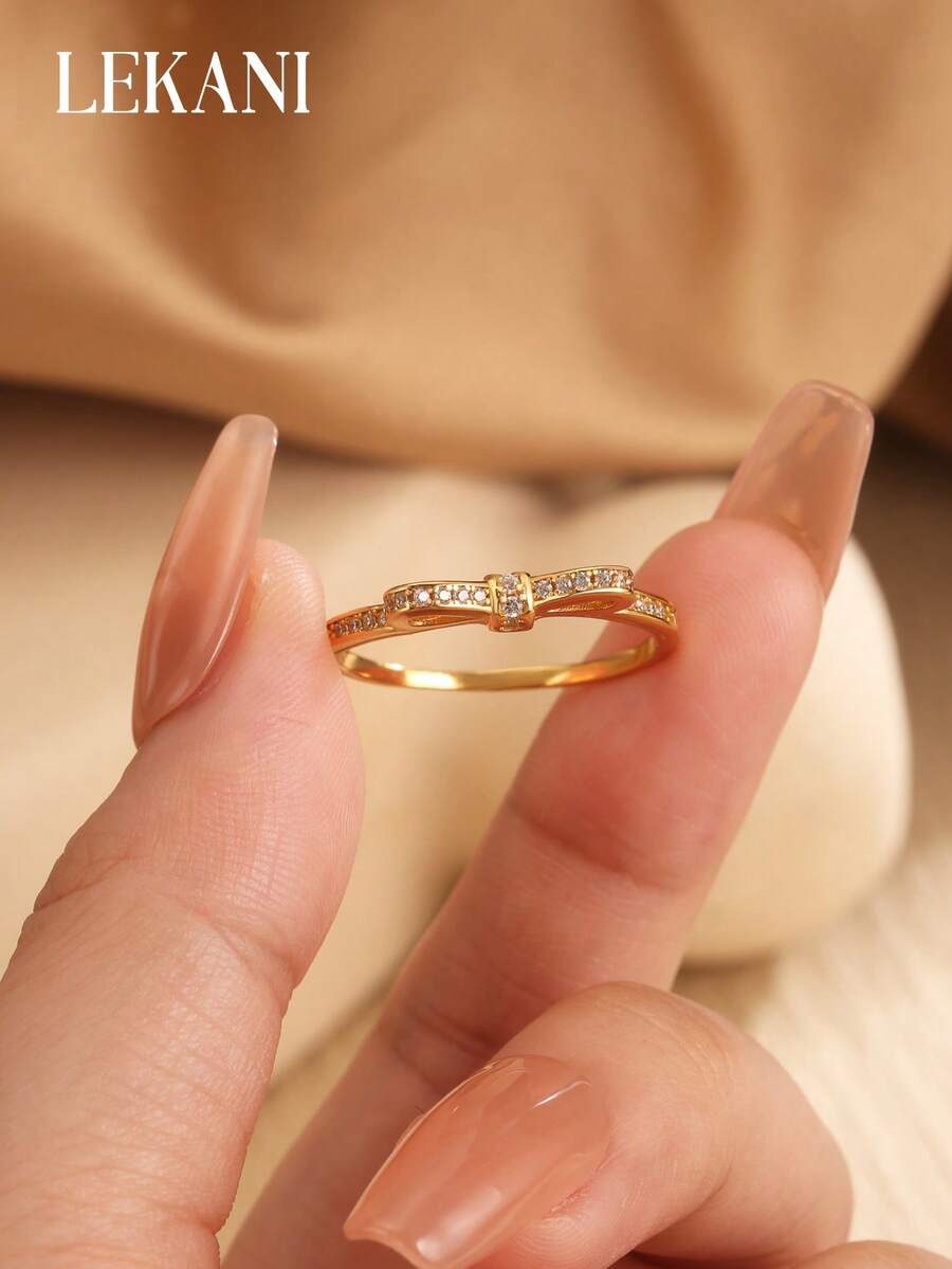 1pc S925 Sterling Silver Bowknot Cubic Zirconia Plated Gold Ring, Fashion Minimalist Jewelry Gift For Women, Mothers, Girlfriends, Friends, Versatile Daily Wear - Gold - View 1