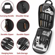 10/27Pcs Camping Kitchen Utensil Cookware Kit, 304 Stainless Steel Material Outdoor Cooking And Grilling Utensil Organizer Travel Set Perfect For Travel, Picnics, RVs, Camping, BBQs, Parties And More - Black - View 3