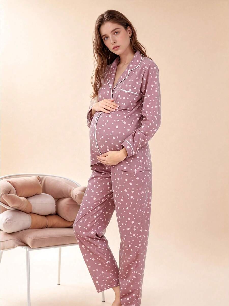 两件套孕妇哺乳睡衣套装，长袖上衣和裤子，花卉印花翻领设计，秋冬服装