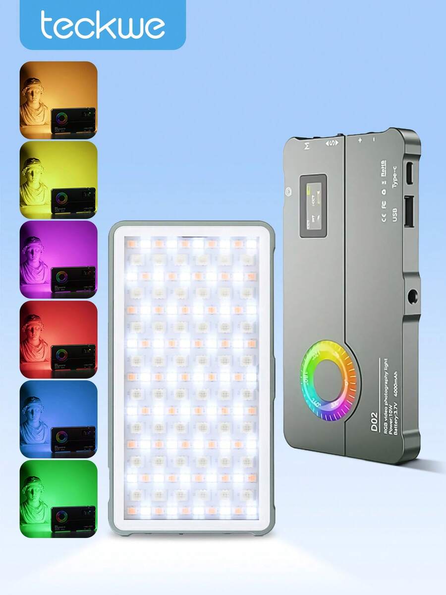 Teckwe Đèn LED chiếu sáng video RGB, đèn phụ trợ 3000K-8500K, có thể điều chỉnh độ sáng, 12 hiệu ứng ánh sáng, pin tích hợp, kèm bộ chuyển đổi đế gắn phụ kiện (cold shoe) cho vlog, livestream, hội nghị video. - màu đen - Xem 1