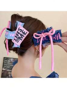 1个复古蓝色布艺字母发夹，粉蓝撞色丝带发夹，甜美酷炫风格发饰 - 混合色 - 查看 3