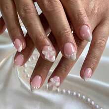 24pcs Oval White French Manicure Nail Stickers With Pearl Bow Design, Fits Acrylic Nails Perfectly, Includes 1pc Jelly Gel And 1pc Nail File, Suitable For Women And Girls For Daily Work, Study And Party - 杏仁色 - 查看 7