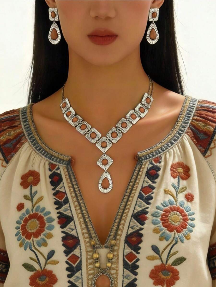 2pcs Vintage Chic Alloy Inlaid Women Long Y-Shaped Necklace, Sweater Chain & Earrings Jewelry Set, Suitable For Festivals, Parties, And Daily Matching - Silver + Brown - View 1