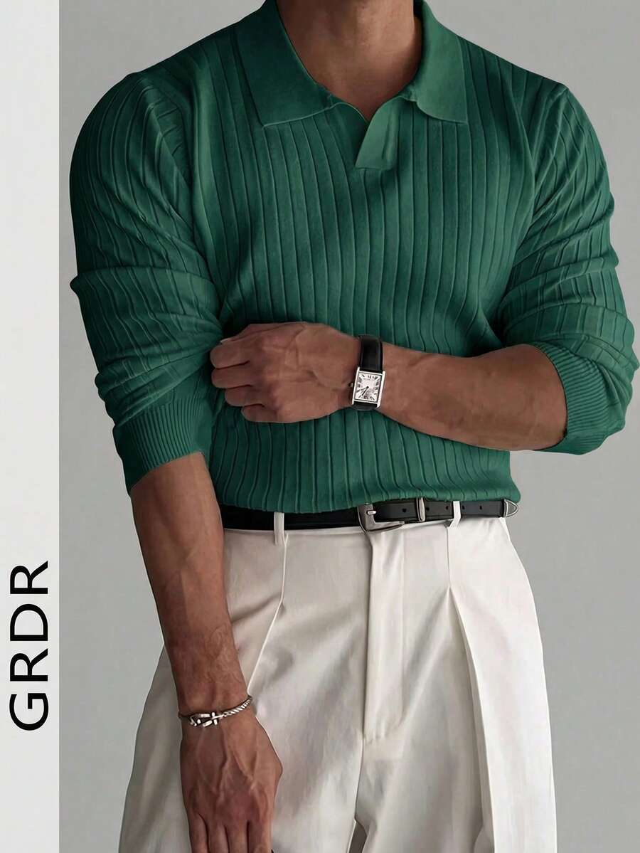 GRDR Men's Ribbed Collar Long Sleeve Knit Sweater, Casual Versatile Outerwear - Dark Green - View 1