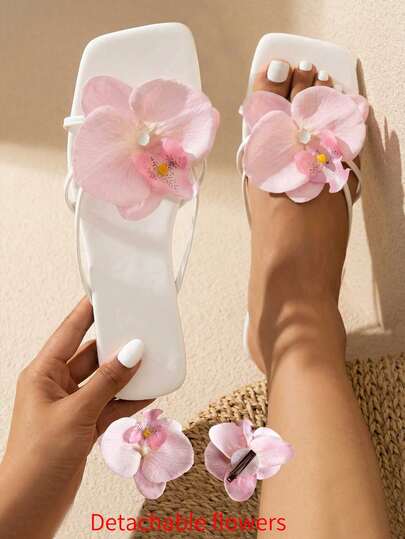 planare 新款时尚女士假日凉鞋，花朵绑带露趾套脚舒适轻便夏季户外/室内平底凉鞋，白色凉鞋饰以粉色花朵