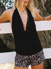 Womens Studded Halter Tank Tops Summer Fashionable Slim Fit Cowl Neck Backless Vest - Black - View 5