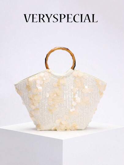 1pc Colorful Sequin Flower Contrast Mesh Embroidered White Linen Base Shiny Sequin Bulingbuling Glittery Vintage Bamboo Handle Tote Bag, Fashion Summer Beach Bag, Casual Travel Holiday Handbag For Women (Sequin Flower Pattern Randomly Sent)