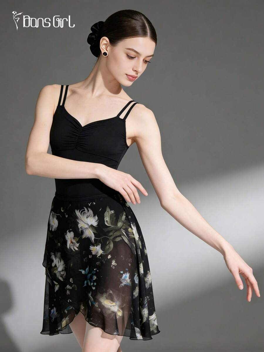 DonsGirl 1件女士芭蕾舞裙，精致浪漫花卉图案，系带款式，适合芭蕾舞/现代舞/古典舞练习和表演，送给女朋友的礼物，黑色春季款