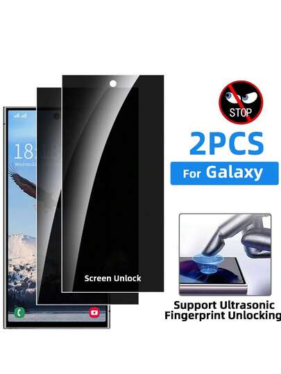 两片装隐私钢化玻璃屏幕保护膜，兼容三星 Galaxy S25 Ultra、S25+、S24 Ultra、S24+、S23+、S22+、S21+，以及三星 Galaxy S25、S24、S23、S22、S21。是生日、送给家人和朋友的理想礼物。手机屏幕保护膜，手机配件，防水、防震、防刮擦，全覆盖。