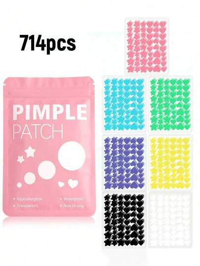 714片装面部贴片套装，水凝胶贴片/面膜，多色可选，粉色、蓝色和绿色，星空爱心图案，搭配夜间/防水/透气/敏感肌适用凝胶贴片，专为面部贴片设计。这些贴片非常适合用于面部和皮肤上的斑点。