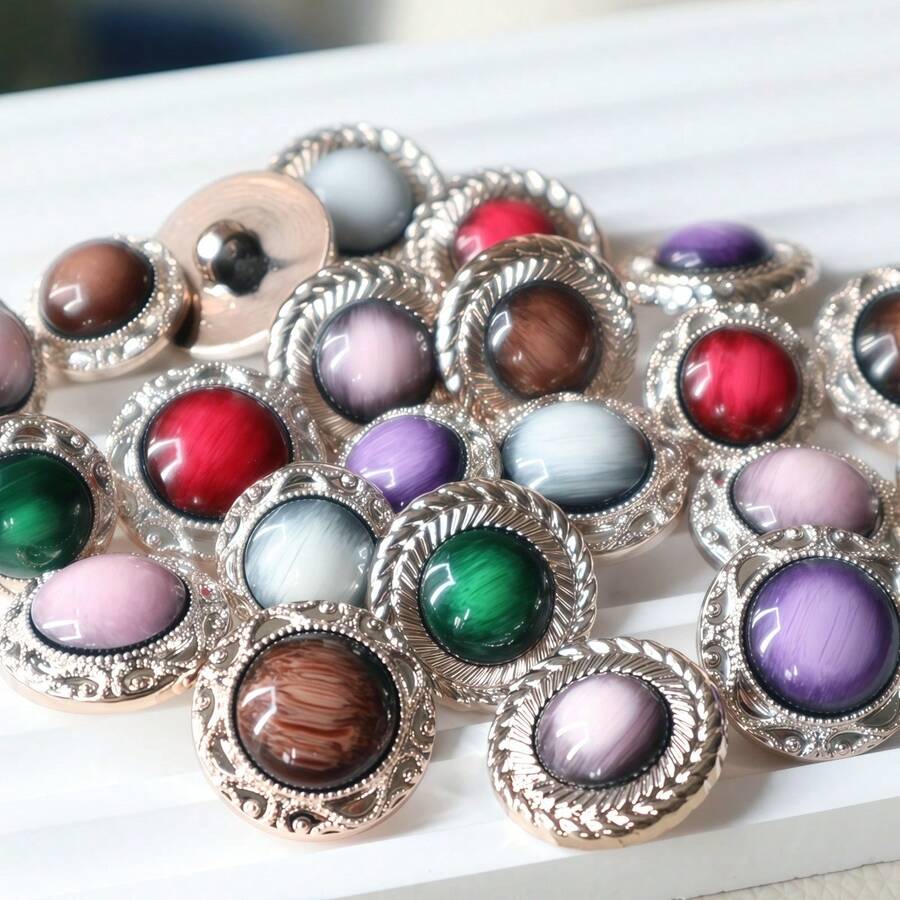10pcs Textured Ombre Handmade Resin Sewing Buttons, Gold Color Vintage Style Plastic Buttons For Sweater, Cardigan, DIY Crafts - Patterned Edges - View 1