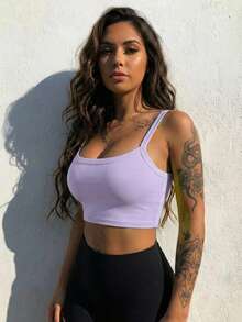 Áo tank top nữ màu trơn, dây đeo rộng, kiểu dáng thường ngày, đa năng, thích hợp cho mùa hè và mùa xuân, đi nghỉ mát. - Màu tím hoa cà - Xem 4