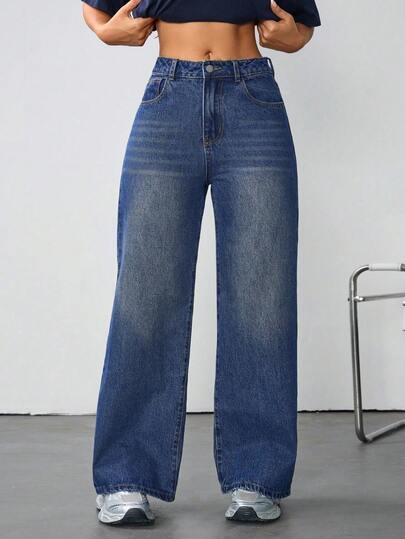 Vaqueros casuales de mezclilla para mujer, lavado oscuro, pierna ancha y larga, con botones y bolsillos