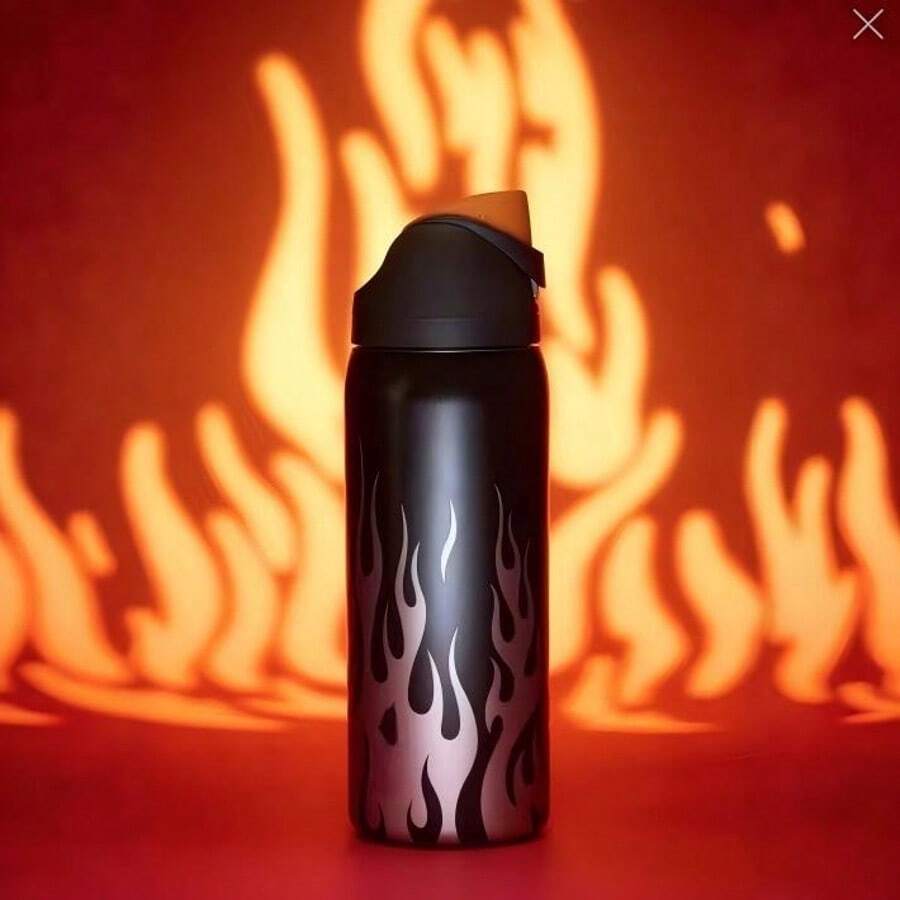 Owa Laa 32oz Black Flame Print Stainless Steel Insulated Water Bottle, 24H Cold, Wide Mouth Lock Lid Sports Bottle - Black Flame 32oz - Xem 1