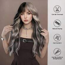 ROALYUV Inspired Silver Pink Highlighted Long Wavy Wig With Bangs For Women, 26.77 Inch (68CM) Multi-Layered Synthetic Wig With Face-Framing Curtain Bangs, Heat Resistant Adjustable Capless Cap, Wear & Go Airy Wig, Natural Hair Parting, Easy To Style For Daily Wear, Cosplay, Party & Halloween - Đánh dấu màu xám - Xem 3