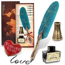 Feather Quill Pen And Ink Set – Stainless Steel Dip Pen With 5 Nibs, Non-Slip Grip, Stand & Gift Box – Vintage Quill And Ink Set For Signing, Writing Calligraphy Kit, Elegant Writer Gift - Turquoise - View 1