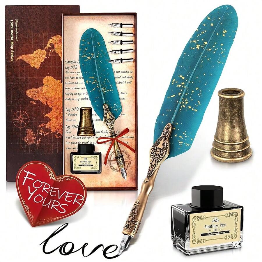 Feather Quill Pen And Ink Set – Stainless Steel Dip Pen With 5 Nibs, Non-Slip Grip, Stand & Gift Box – Vintage Quill And Ink Set For Signing, Writing Calligraphy Kit, Elegant Writer Gift - Turquoise - View 1