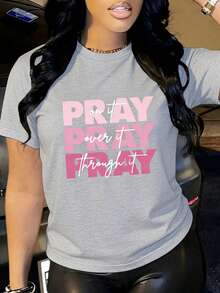 Plus Size Women's "Pray On It, Over It, Through It" Pink Text Graphic T-Shirt,220g 100% Cotton,Soft And Breathable Casual Short Sleeve Top,Easy To Style For Summer Going Out Or Everyday Comfort - 淺灰色 - 查看 1