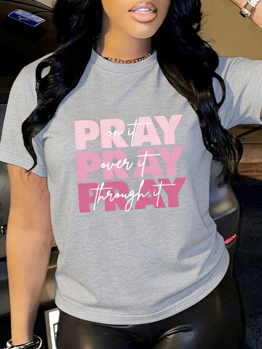 Plus Size Women's "Pray On It, Over It, Through It" Pink Text Graphic T-Shirt,220g 100% Cotton,Soft And Breathable Casual Short Sleeve Top,Easy To Style For Summer Going Out Or Everyday Comfort - 淺灰色 - 查看 1