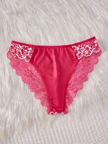 2pcs Contrast Floral Lace Sleepwear Set, V-Neck Semi-Sheer Bow Tie Nightgown And Panties, Elegant Women Pajamas - 玫紅色 - 查看 6