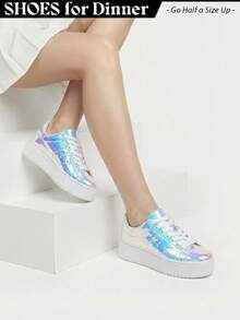 HERO - Classic Basic Essential Lace Up Platform Sneakers With Memory Foam Ultra Light Weight Comfortable Chunky Sneakers Low Top Versatile For Everyday Wear, Casual, Travel, Weekend, Streetwear, Daily, Airport, City Explorer, Party, Concert, Waking, Campus, College Outfits, School, Business Casual, Walking, Summer, Spring, Autumn, Winter | Grey Python Dusty Blue Vegan Leather Black Black Silver Star Silver Glitter Laminated White Dusty Pink Vegan Leather Silver Rose Gold Vegan Leopard Suede White Multi Star Multicolor Python Fine Silver Glitter Fine Gold Glitter Fine Multi Color Glitter Glossy Silver Glitter Shiny Hologram - Hình ba chiều sáng bóng - Xem 1