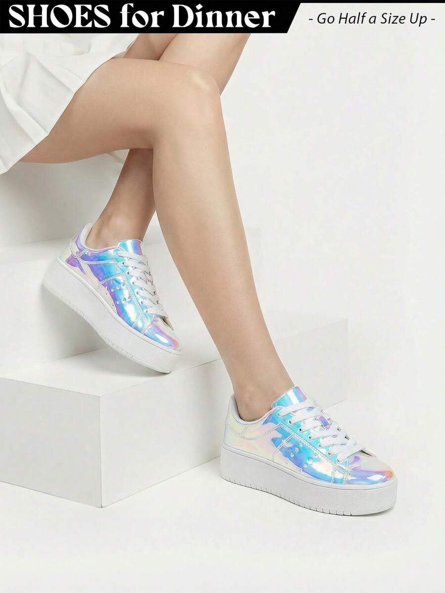 HERO - Classic Basic Essential Lace Up Platform Sneakers With Memory Foam Ultra Light Weight Comfortable Chunky Sneakers Low Top Versatile For Everyday Wear, Casual, Travel, Weekend, Streetwear, Daily, Airport, City Explorer, Party, Concert, Waking, Campus, College Outfits, School, Business Casual, Walking, Summer, Spring, Autumn, Winter | Grey Python Dusty Blue Vegan Leather Black Black Silver Star Silver Glitter Laminated White Dusty Pink Vegan Leather Silver Rose Gold Vegan Leopard Suede White Multi Star Multicolor Python Fine Silver Glitter Fine Gold Glitter Fine Multi Color Glitter Glossy Silver Glitter Shiny Hologram - Hình ba chiều sáng bóng - Xem 1