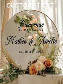 婚礼欢迎标牌贴纸，可定制文字，Bienvenue Au Marriage De Decal，姓名和日期，婚礼自拍镜面贴纸 - 彩色 - 查看 7