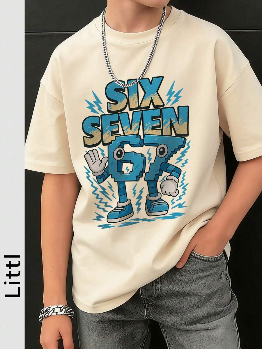 Tween Boys Casual Printed Round Neck Short Sleeve T-Shirt, Summer Top - Apricot - View 1