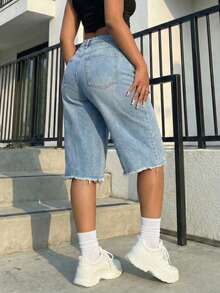 Women's Denim Knee-Length Shorts With Distressed Detail & Raw Hem Retro Unique Design Elegant Casual Outing Shorts - Rửa nhẹ - Xem 2