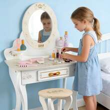 TOCADOR INFANTIL CON ESPEJO GIRATORIO 360°|Mesa de Maquillaje y Escritorio 2 en 1 para Niñas|Material Ecológico No Tóxico - Blanco - Ver 9