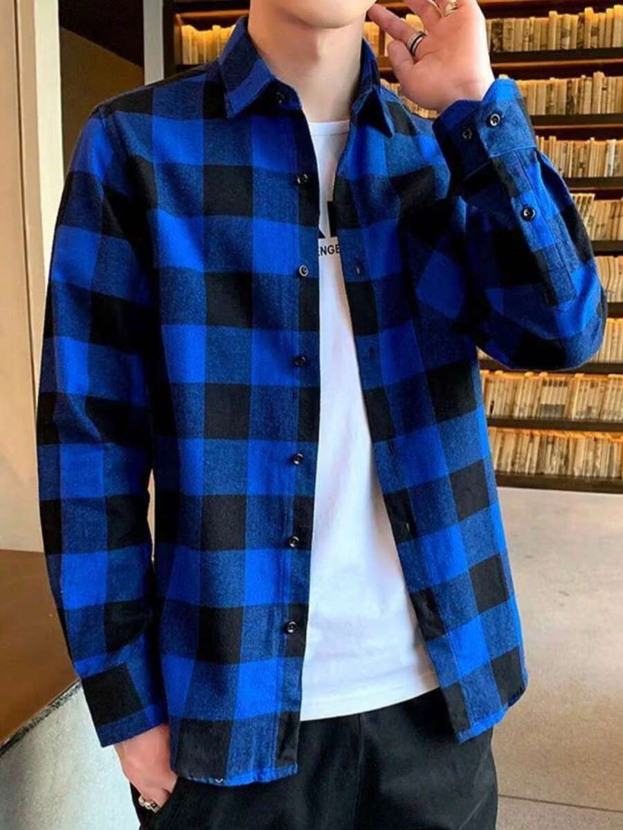 Men's Flannel Plaid Shirt, Long Sleeve Blouse - 藍色 - 查看 1