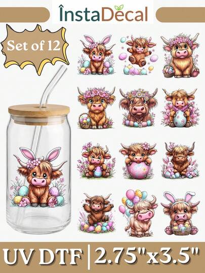 12 Pcs Easter UV DTF Transfer Stickers For Glass/Tumblers, 2.75x3.5in Waterproof Bunny & Egg Decals, Rub On Transfers For DIY Spring Crafts, Mugs & Car Windows