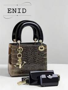 Crocodile Embossed High-Quality Mini Square Handbag, Shoulder Bag Set, Glossy Finish, Casual Versatile Crossbody Bag - Rose Gold - View 2