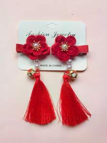 Set de 2 pinzas para el cabello con borlas rojas y florales de Año Nuevo Chino, pasadores para el cabello con colgante de perlas para niñas, tocado festivo - Multicolor - Ver 16