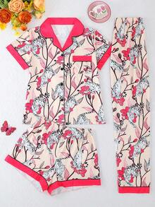 三件套透气短袖睡衣，豹纹印花，撞色领口和袖口设计，女士睡衣套装，短裤和长裤，Polo领纽扣短袖，舒适宽松版型，适合所有季节 - 彩色 - 查看 2