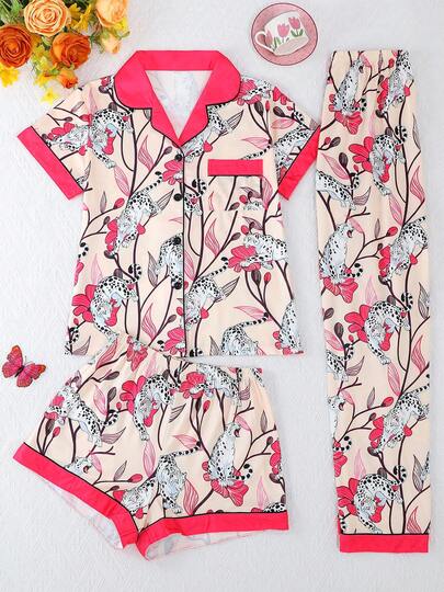 3pcs/Set Breathable Short Sleeve Pajamas, Leopard Print, Contrast Collar & Cuff Design, Women Sleepwear Set, Shorts & Long Pants, Polo Collar Button Short Sleeve, Comfortable Loose Fit, Suitable For All Seasons