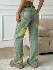 Women's Straight-Leg, Mid-Rise Jeans Without Elastane, With Rips For Urban Looks - Mustard Yellow - View 2