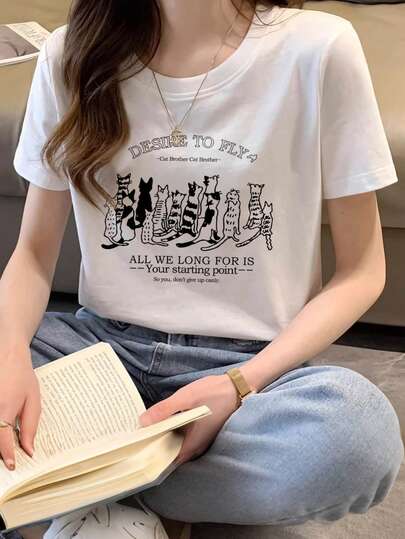 女士休闲宽松猫咪印花短袖T恤，舒适百搭，适合春夏穿着