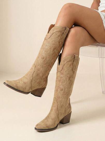 Athlefit Cowboy Cowgirl Boots For Women Western Fashion Embroidery Chunky Heel Pointed Toe Comfortable Mid Calf Boots With Side Zipper