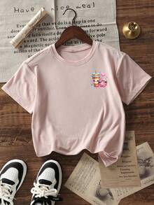 1件婴儿男女童休闲卡通图案字母标语印花基本款圆领短袖T恤 - 粉色 - 查看 3